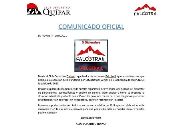 Se suspende definitivamente la edición de la prueba deportiva Falco Trail 2020
